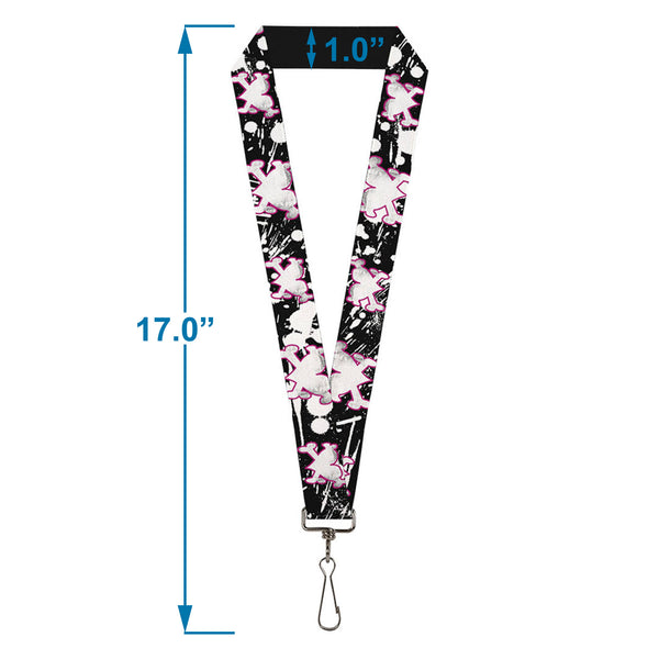 Buckle-Down Lanyard - 1.0" - Heart & Cross Bones W Splatter Black White