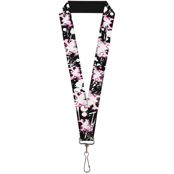 Buckle-Down Lanyard - 1.0" - Heart & Cross Bones w Splatter Black White