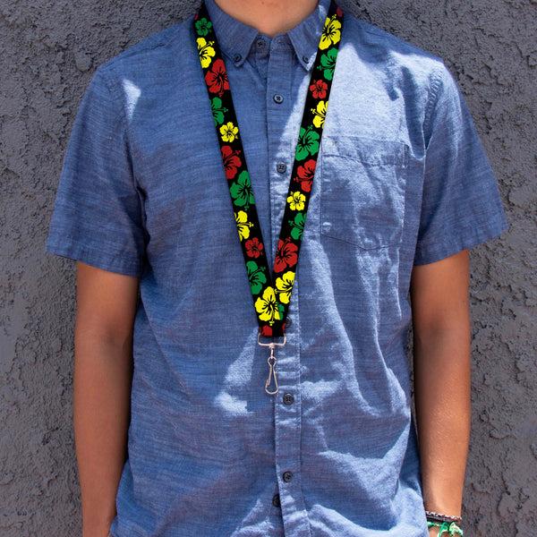 Buckle-Down Lanyard - 1.0" - Hibiscus CLOSE-UP Black Green Yellow Red