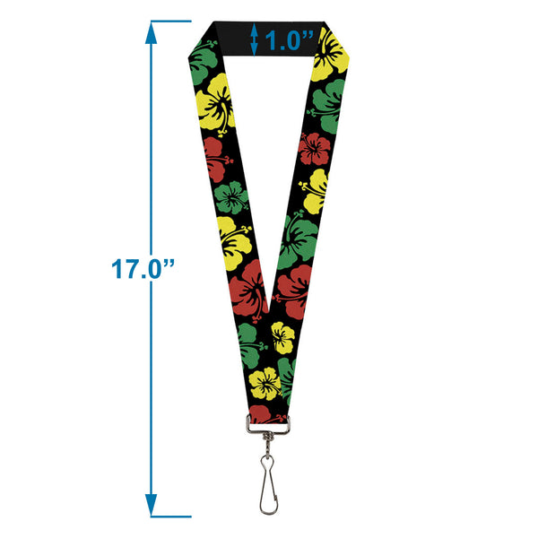 Buckle-Down Lanyard - 1.0" - Hibiscus CLOSE-UP Black Green Yellow Red