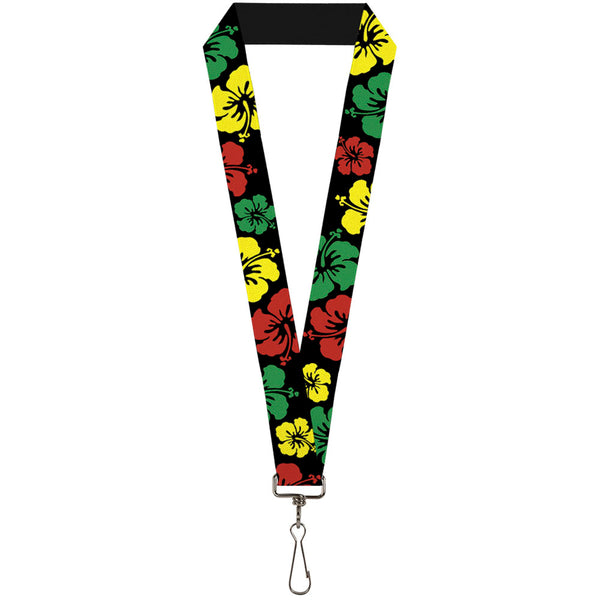 Buckle-Down Lanyard - 1.0" - Hibiscus CLOSE-UP Black Green Yellow Red