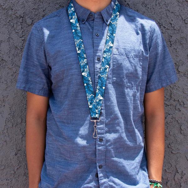 Buckle-Down Lanyard - 1.0" - Hibiscus Collage White Blues