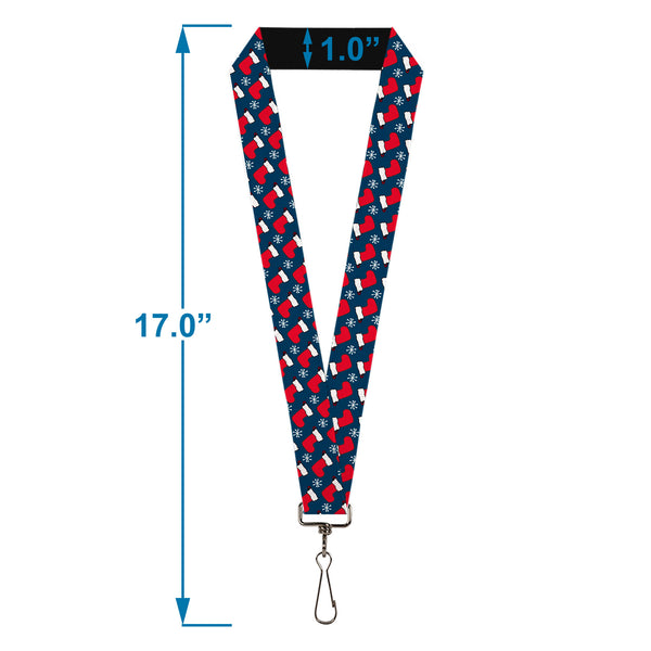Buckle-Down Lanyard - 1.0" - Holiday Christmas Stocking And Snowflake Blue/WhiteRed