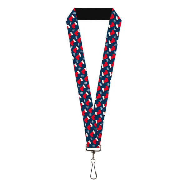 Buckle-Down Lanyard - 1.0" - Holiday Christmas Stocking and Snowflake Blue/WhiteRed