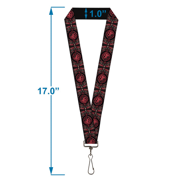 Buckle-Down Lanyard - 1.0" - House Of The Dragon Targaryen Sigil Four-Legged Dragon Black/Red/Grays
