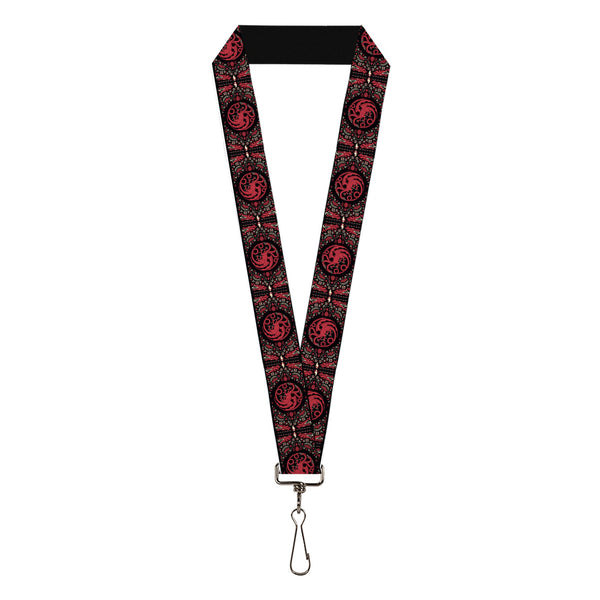 Buckle-Down Lanyard - 1.0" - House of the Dragon Targaryen Sigil Four-Legged Dragon Black/Red/Grays
