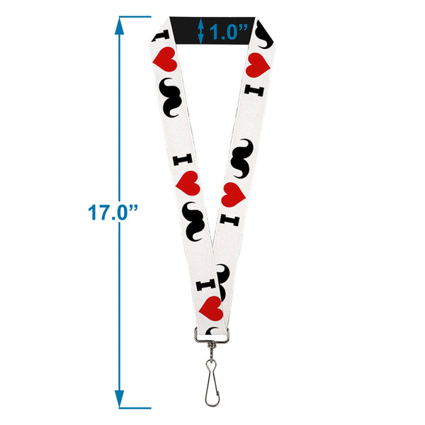 Buckle-Down Lanyard - 1.0" - I "Heart Mustache" White Black Red