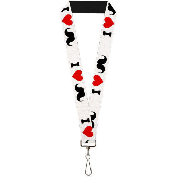 Buckle-Down Lanyard - 1.0" - I "Heart Mustache" White Black Red