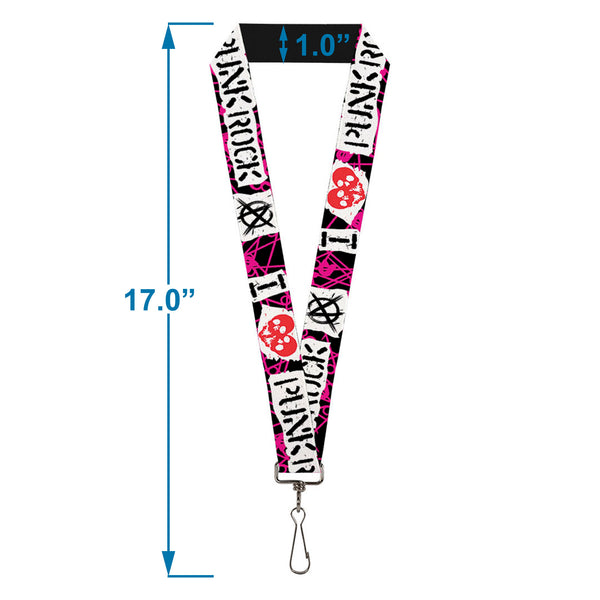 Buckle-Down Lanyard - 1.0" - I Heart Punk Rock W Safety Pins Black Fuchsia White