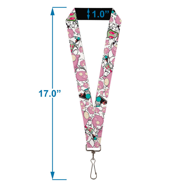 Buckle-Down Lanyard - 1.0" - Invader Zim GIR And Piggy Doddles White/Black