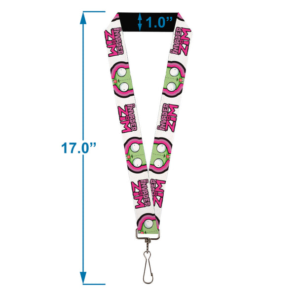 Buckle-Down Lanyard - 1.0" - INVADER ZIM Title Logo And GIR Pose Close-Up White/Pinks