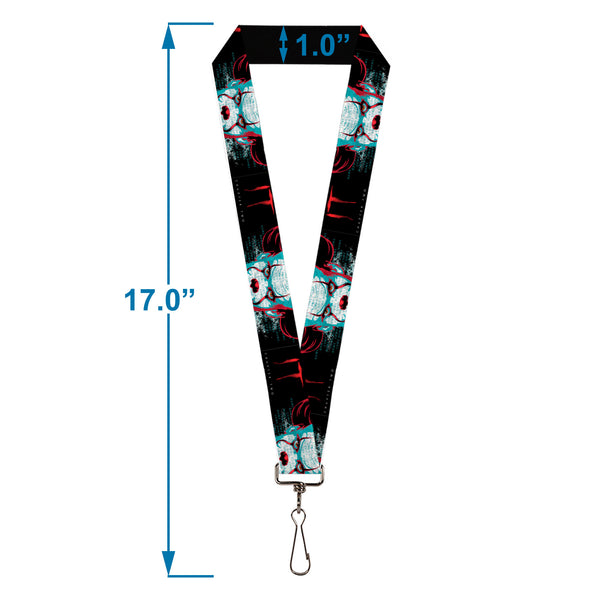 Buckle-Down Lanyard - 1.0" - IT CHAPTER TWO Pennywise Face CLOSE-UP Black/Red/Blues