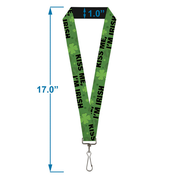 Buckle-Down Lanyard - 1.0" - KISS ME I'M IRISH Clovers Kisses Greens Black