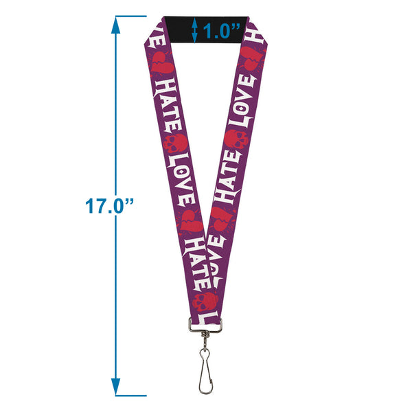 Buckle-Down Lanyard - 1.0" - Love Hate Purple White Fuchsia