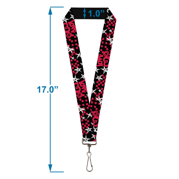 Buckle-Down Lanyard - 1.0" - Love Me W Sketch Stars & Checkers Black Fuchsia White