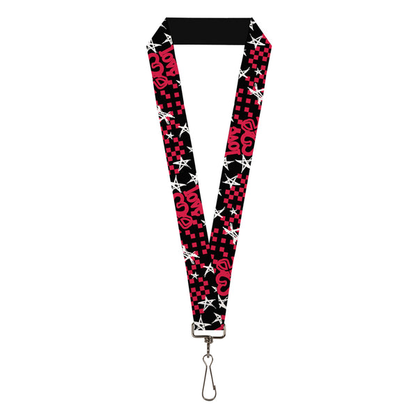 Buckle-Down Lanyard - 1.0" - Love Me w Sketch Stars & Checkers Black Fuchsia White