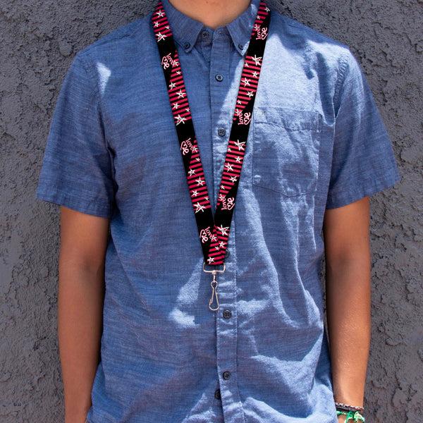 Buckle-Down Lanyard - 1.0" - Love Me W Sketch Stars & Stripes Black Fuchsia White