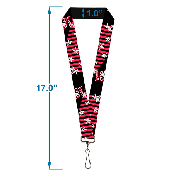Buckle-Down Lanyard - 1.0" - Love Me W Sketch Stars & Stripes Black Fuchsia White