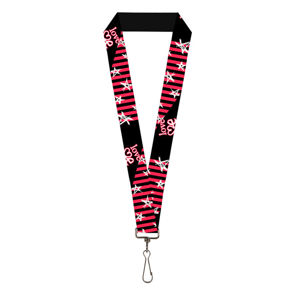 Buckle-Down Lanyard - 1.0" - Love Me w Sketch Stars & Stripes Black Fuchsia White