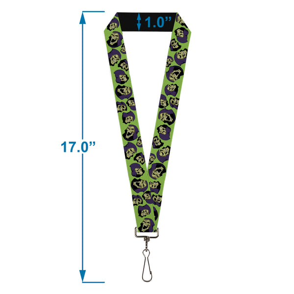 Buckle-Down Lanyard - 1.0" - Masters Of The Universe Skeletor Expressions Scattered Green