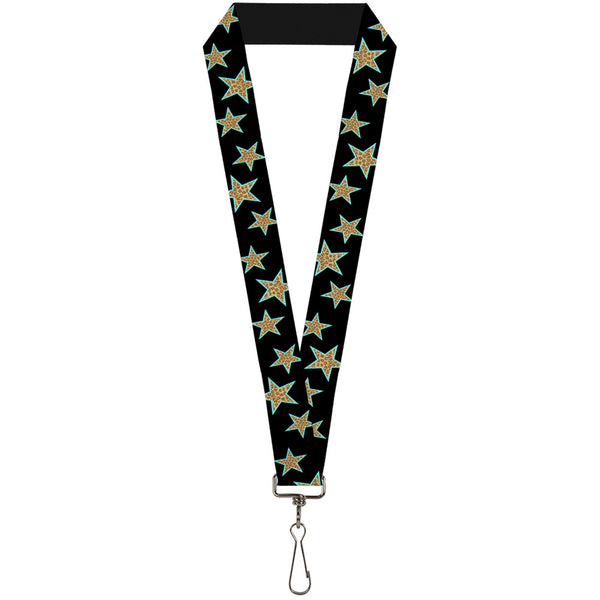 Buckle-Down Lanyard - 1.0" - Multi Stars Black Leopard Baby Blue Outline