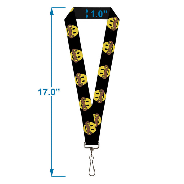 Buckle-Down Lanyard - 1.0" - Mustache Happy Face Black Yellow Brown