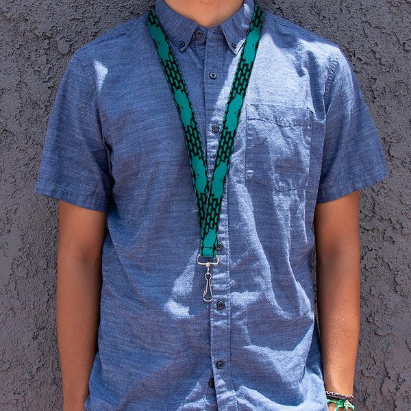 Buckle-Down Lanyard - 1.0" - Mustaches Mini Single Repeat Black Turquoise