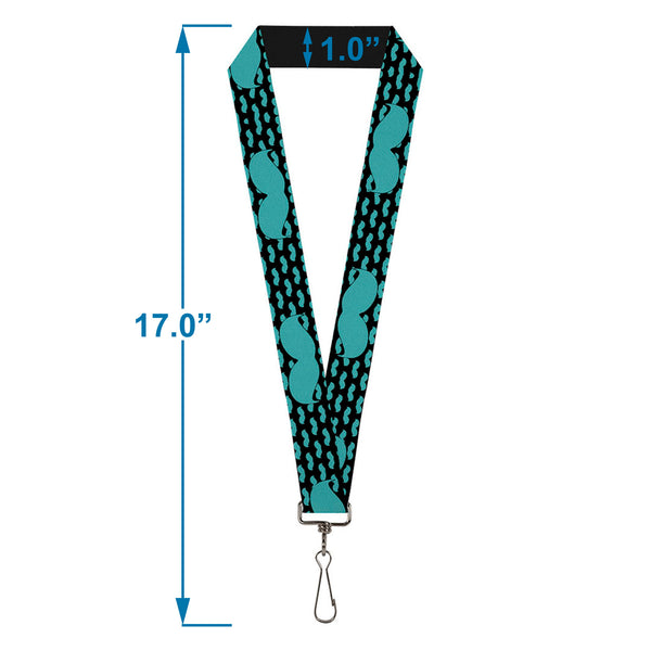 Buckle-Down Lanyard - 1.0" - Mustaches Mini Single Repeat Black Turquoise