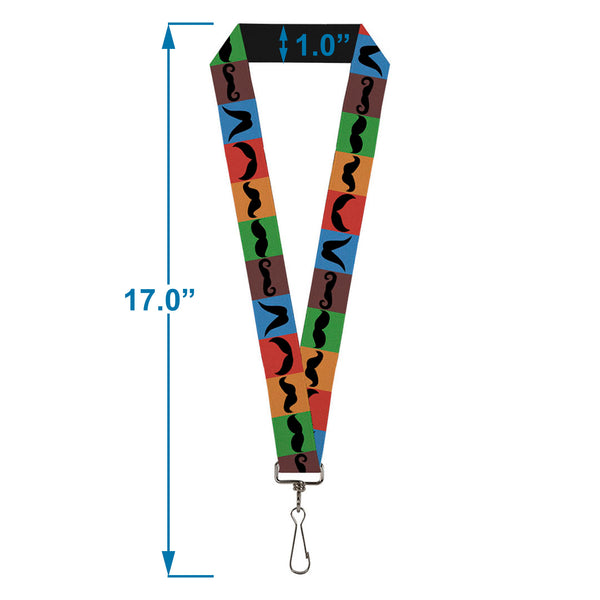 Buckle-Down Lanyard - 1.0" - Mustaches Multi Color Blocks Black