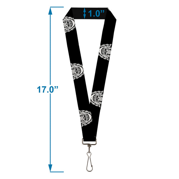 Buckle-Down Lanyard - 1.0" - Native American Skull Black White