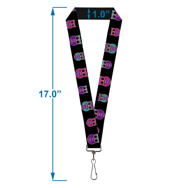 Buckle-Down Lanyard - 1.0" - Owls Black Fuchsia Purple Turquoise