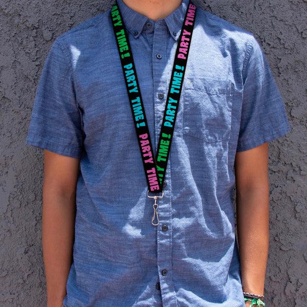 Buckle-Down Lanyard - 1.0" - PARTY TIME Black Green Turquoise Fuchsia