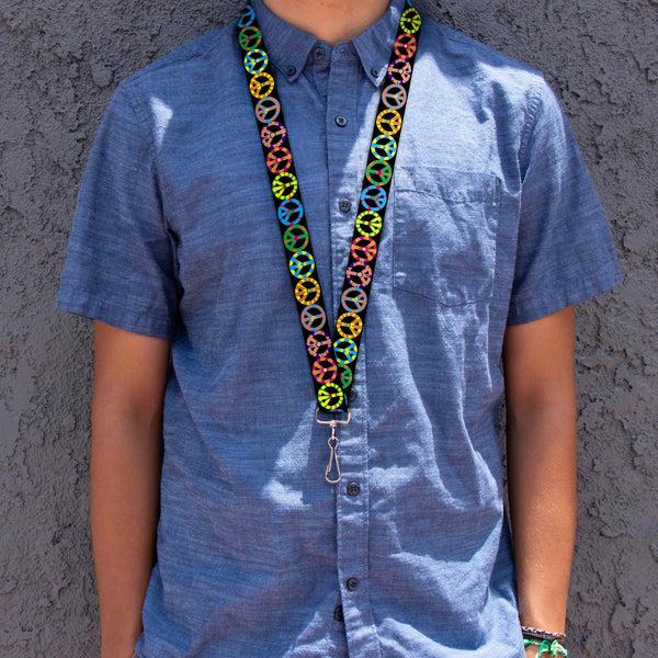 Buckle-Down Lanyard - 1.0" - Peace Flowers Black Multi Color