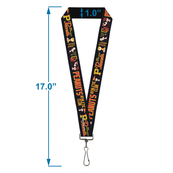 Buckle-Down Lanyard - 1.0" - PEANUTS ATHLETIC CLUB Varsity Poses And Quotes Collage Black/Red/Yellow