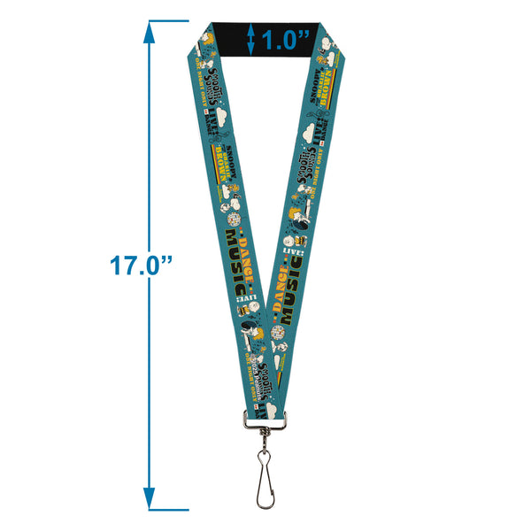 Buckle-Down Lanyard - 1.0" - Peanuts Gang DANCE MUSIC Poses And Quotes Blue/Multi Color
