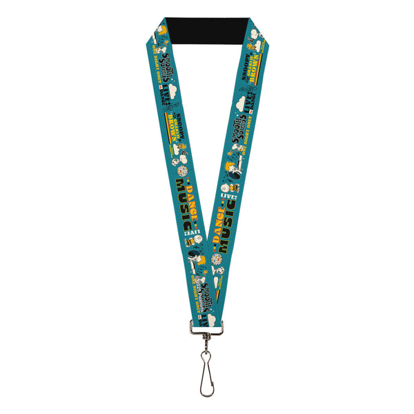 Buckle-Down Lanyard - 1.0" - Peanuts Gang DANCE MUSIC Poses and Quotes Blue/Multi Color