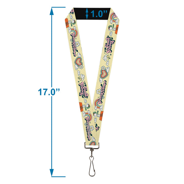 Buckle-Down Lanyard - 1.0" - Peanuts Snoopy Flying Ace And Woodstock GROOVY Quotes Collage Yellow