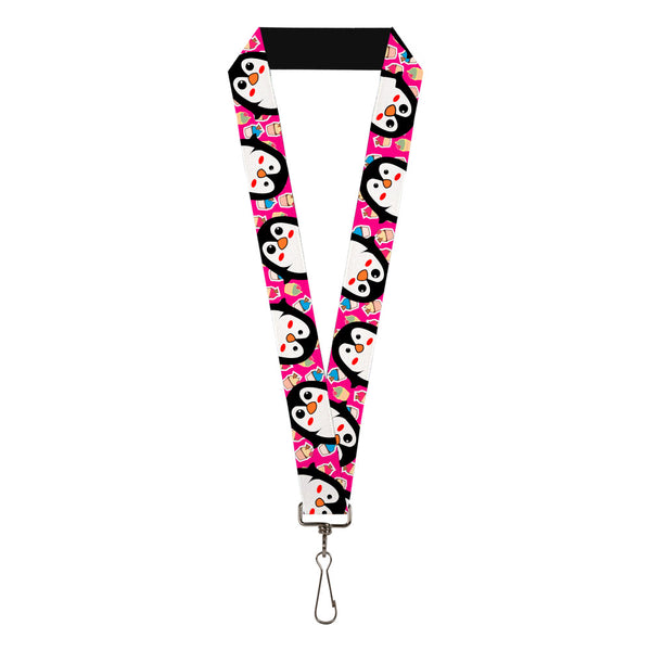 Buckle-Down Lanyard - 1.0" - Penguins w/Cupcakes Fuchsia/Purple/White
