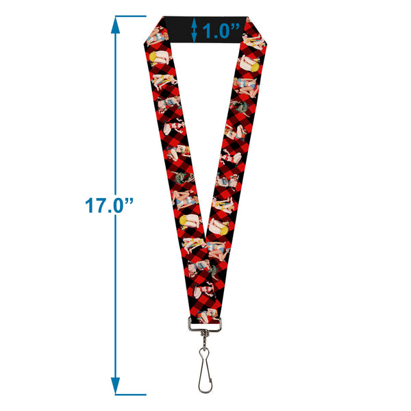 Buckle-Down Lanyard - 1.0" - Pin Up Girl Poses Buffalo Plaid Blocks Black Red