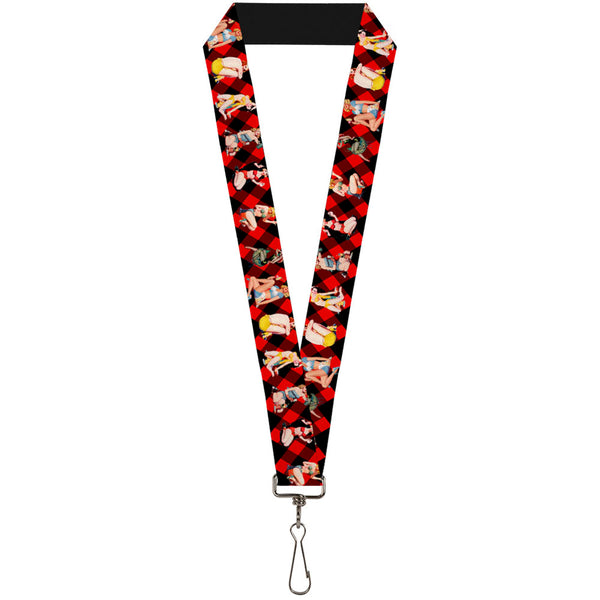Buckle-Down Lanyard - 1.0" - Pin Up Girl Poses Buffalo Plaid Blocks Black Red
