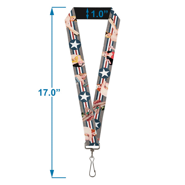 Buckle-Down Lanyard - 1.0" - Pin Up Girl Poses CLOSE-UP Star & Stripes Gray Blue White Red