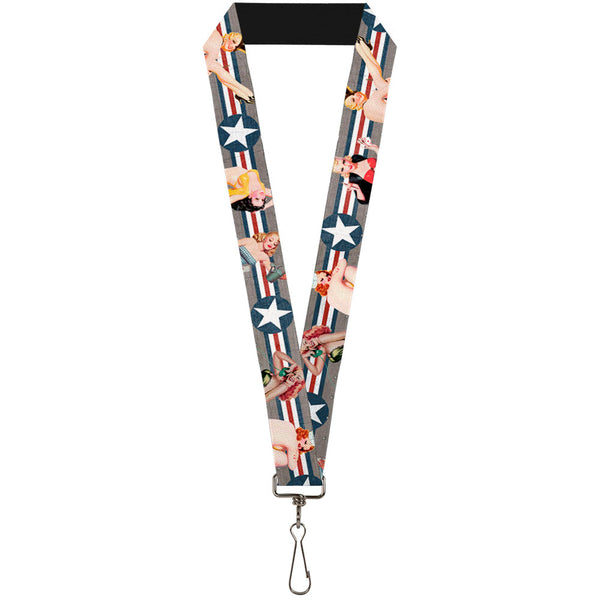 Buckle-Down Lanyard - 1.0" - Pin Up Girl Poses CLOSE-UP Star & Stripes Gray Blue White Red