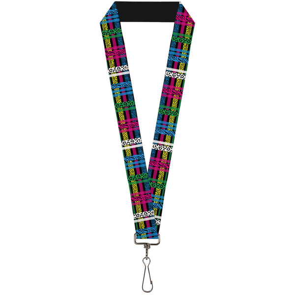 Buckle-Down Lanyard - 1.0" - Plaid Black Neon Animal Skins