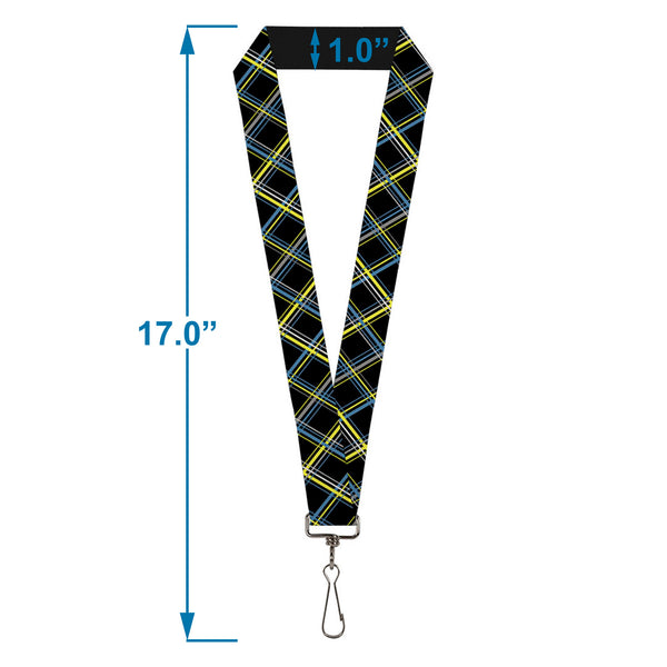 Buckle-Down Lanyard - 1.0" - Plaid Black Yellow Turquoise Gray