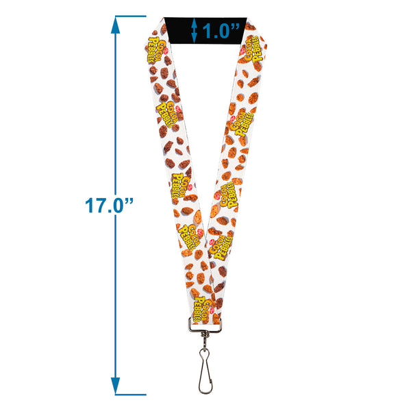 Buckle-Down Lanyard - 1.0" - POST COCOA PEBBLES Logo And Cereal Pebbles Scattered White/Browns