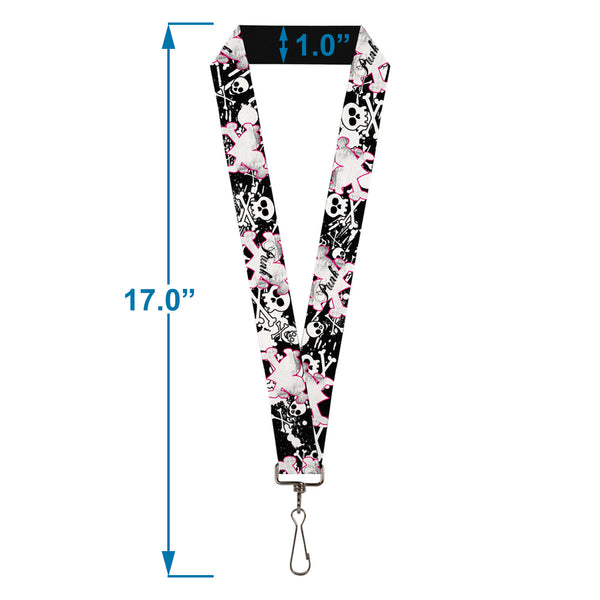 Buckle-Down Lanyard - 1.0" - Punk Heart & Cross Bones W Skulls & Splatter Black White