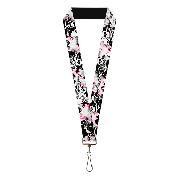 Buckle-Down Lanyard - 1.0" - Punk Heart & Cross Bones w Skulls & Splatter Black White