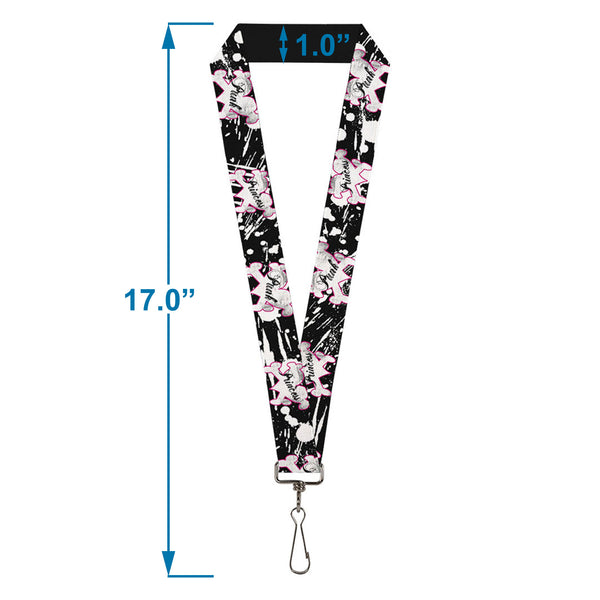 Buckle-Down Lanyard - 1.0" - Punk Princess Heart & Cross Bones W Splatter Black White