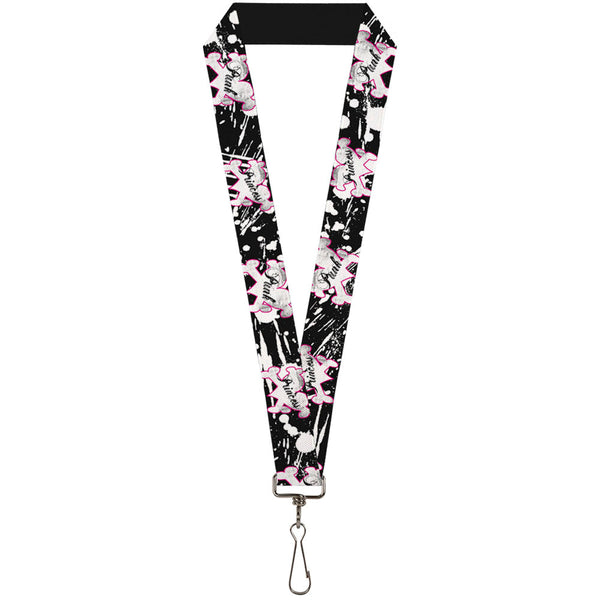 Buckle-Down Lanyard - 1.0" - Punk Princess Heart & Cross Bones w Splatter Black White