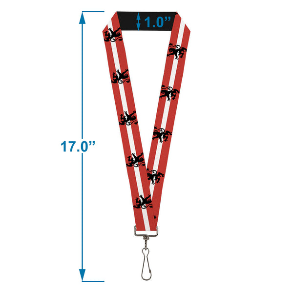 Buckle-Down Lanyard - 1.0" - Rampant Lion Repeat Stripes Red White Black